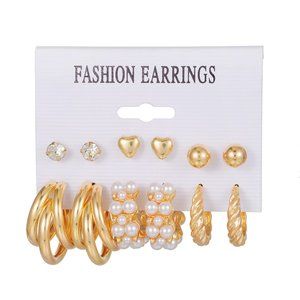 3/$35 6 Pairs Set Gold Hoop Stud Earrings Pearl Heart Rhinestone Huggies Small